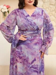 Modelyn Plus Size Women Elegant Flower Printed Arabic Style Dress - Purple - View 5