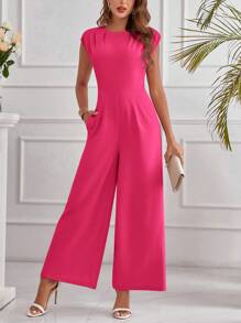 SHEIN Clasi Mono palazzo de mujer elegante de unicolor con cuello redondo, mangas cortas y bolsillos - Rosa Fucsia - Ver 6