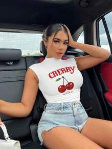 SHEIN SXY 女士休闲不对称樱桃图案T恤，适合夏季穿着，女士夏季必备，图案T恤，性感百搭，外出必备 - 白色 - 查看 3