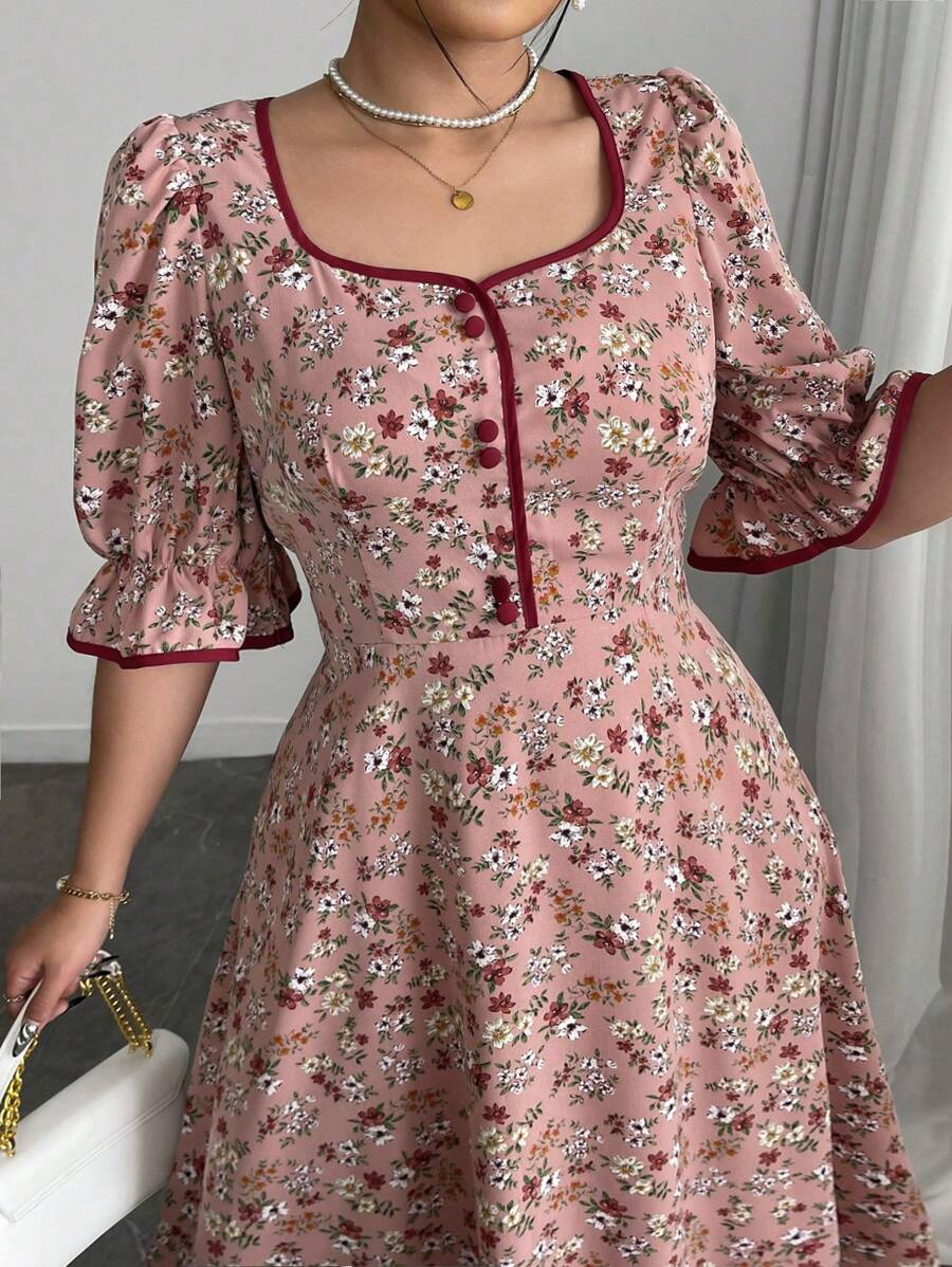 Modelyn Váy in họa tiết tay ngắn thắt eo cỡ lớn cho nữ - Nhiều màu - Xem 1