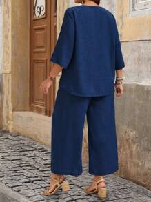 EMERY ROSE Set de 2 piezas de talla grande para mujer con camisa de cuello redondo con botones y pantalones, conjunto de verano informal - Neblina azul - Ver 2