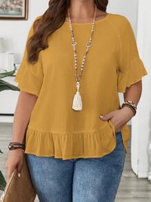 EMERY ROSE Plus Size Women Solid Color Round Neck Raglan Sleeve Ruffle Hem Casual Shirt - Yellow - View 5