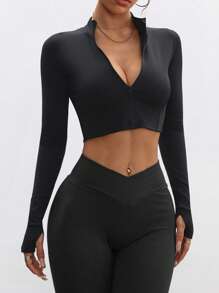 SHEIN Sport Studio Vintage Stylish Simple Long Sleeve Crop Top With Zipper, Casual Stand Collar Fashion Versatile Outerwear, Elegant Slimming High Waist Elastic Tight Bodycon Fitness Two-Piece Set