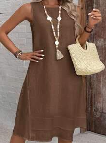 SHEIN VCAY Plus Size Sleeveless Solid Color Casual Vacation Dress