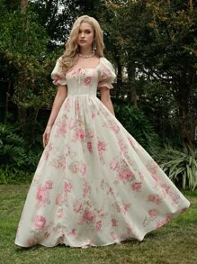 SHEIN MOD 复古图案印花泡泡袖长裙，配有精致的褶边和抽绳，可调节下摆长度，华丽的宫廷风格，约会、派对、节日、茶会、生日装