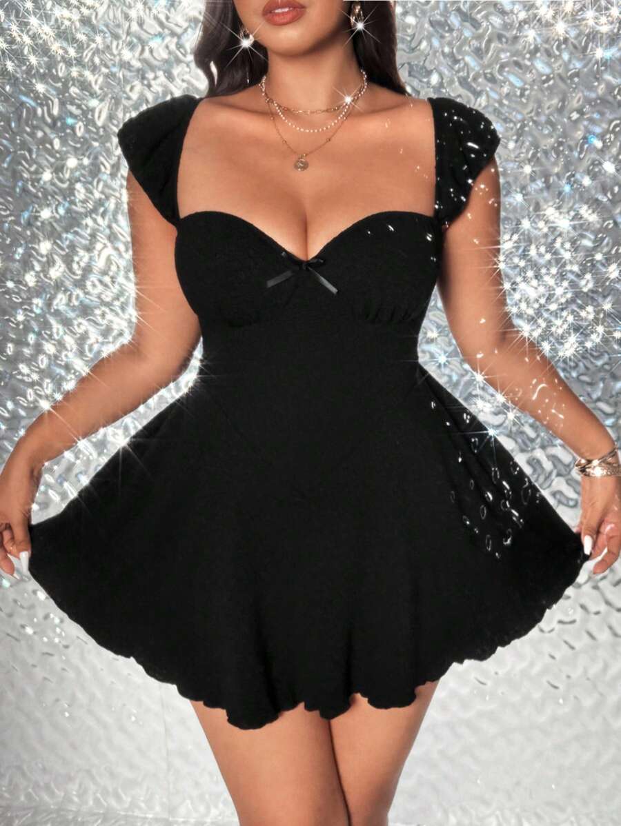 Viva Relle Plus Size Fitted Sweetheart Neck Knitted Unitard - Black - View 1