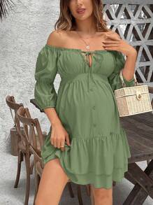 SHEIN Robe d'été casual de maternité à épaules dénudées de couleur unie - Vert menthe - Voir 4