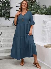EMERY ROSE Plus Size Women's Deep V-Neck Ruffle Sleeve Multi-Tiered Hem Long Yellow Dress For Summer - Dusty Blue - View 5