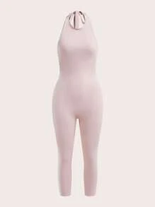 SHEIN Unity Women's Solid Color Slim Fit Jumpsuit, Minimalist Fashion Suitable For Summer - Dusty Pink - View 1