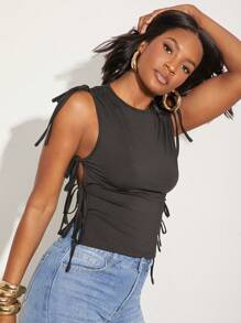 NYA SZN 日常休闲无袖多色缎带系带露脐T恤，适合夏季、音乐节、优雅度假、春假、早午餐派对等场合，女士必备单品