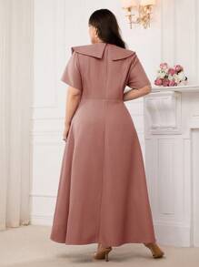 Modelyn 加大码 V 领水手领甜美短袖褶皱腰正式优雅中长连衣裙 - 粉色 - 查看 4