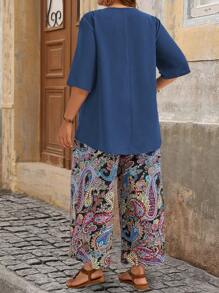 EMERY ROSE Plus Size Holiday Casual Solid Color Top And Paisley Print Pants 2 Pieces Set,Holiday Outfits Boho - Blue - View 2