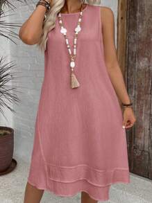 SHEIN VCAY Plus Size Sleeveless Solid Color Simple Fashionable Dress, Suitable For Summer - Dusty Pink - View 1