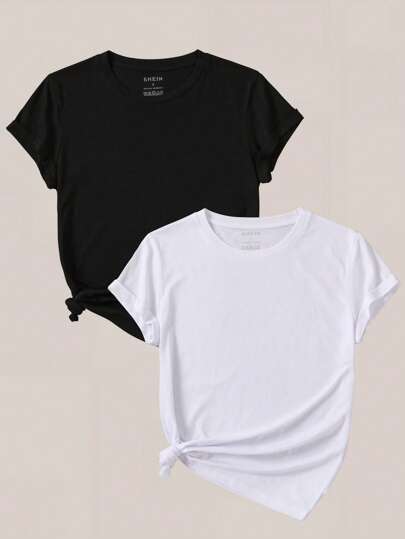 INAWLY Women's Solid Color Round Neck Short Sleeve Casual Versatile T-Shirt