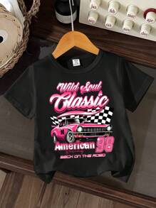 SHEIN Baby Girl Punk Racing Car Print Round Neck Fashionable Casual Pullover Top - Hot Pink - View 1