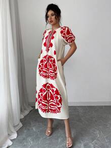 Chiquease Vacation Leisure Placement Print Lantern Sleeve Dress