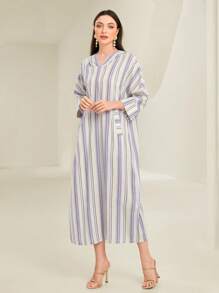 Al Najma 女士条纹简约阿拉伯风格连衣裙，适合夏季 - 紫色 - 查看 4