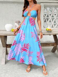 SHEIN VCAY Women's Vacation Sexy Plant Print Halter Backless Mid-Length Dress,Elegant, Women Dresses Vacation, Resort Dresses For Women, Women Clothing Summer Dresses, Beach Dresses For Women,Tropical Vacation Woman Clothes,Vacation - Blue - View 2