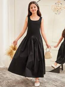 SHEIN Tween Girls' Casual Minimalist Comfort Round Neck Sleeveless Patchwork Dress - Black - View 6