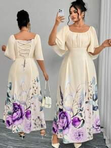 Modelyn Plus Size Woven Positioned Floral Print Long Sleeve A-Line Dress - Multicolor - View 1