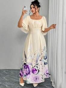 Modelyn Plus Size Woven Positioned Floral Print Long Sleeve A-Line Dress - Multicolor - View 6