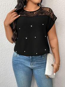 SHEIN LUNE Plus Size Women T-Shirt With Mesh & Lace Trim, Casual Fashionable Design Suitable For Summer - Black - View 1