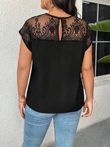 SHEIN LUNE Plus Size Women T-Shirt With Mesh & Lace Trim, Casual Fashionable Design Suitable For Summer - Black - View 2