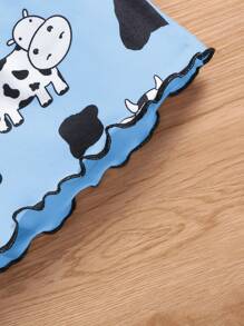 SHEIN 女童可爱奶牛印花休闲时尚睡衣 - 藍色 - 查看 7