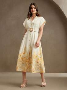 Anewsta Vestido elegante de festival para mujer, diseño de cuello con estampado floral, vestido camisa con cinturón de una sola hilera para fiestas, citas, primavera y verano