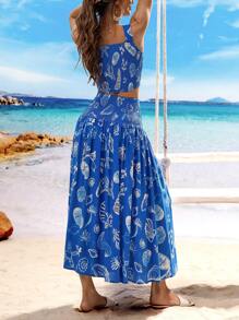 Breezaya 2pcs Women's Casual Shell Print Camisole And Skirt Suit, Blue Vacation Style