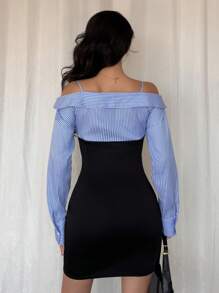 Elenzga Women's Summer Outing Vacation Party Date Ramadan Festival Music Festival Wedding Elegant Fashion Knit Splice Striped Blue Black Open Shoulder Spaghetti Strap Long Sleeve Lantern Sleeve 2 In 1 Cinched Waist Fitted Short Dress - Black - View 2
