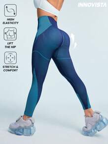 Innovista Leggings deportivos sin costura, elásticos y de cintura alta con control y compresión del abdomen, con diseño de líneas azules dinámicas, aptos para ciclismo, bicicleta, running, cardio, fuerza, pilates, boxeo, exterior, senderismo, campamento, trail, yoga, voleibol, festivales de música, fiestas, capa base, Y2K, primavera, ropa deportiva inicial