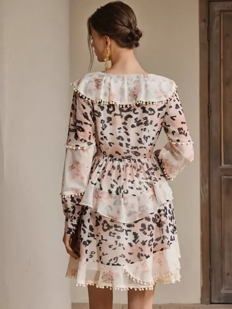 Spring Elegant Women Patchwork Floral Print Ruffle Trim Long Sleeve Short Vacation Dress