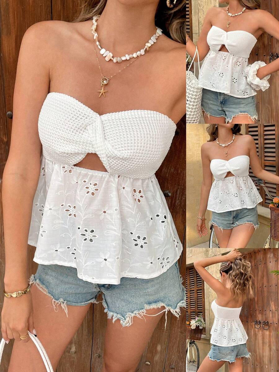 Chiquease Elegancki damski top bandeau w stylu francuskim, skręcony, pusty, odpowiedni na wakacje wiosną/latem - Biały - Zobacz 1