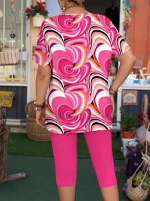 SHEIN Plus Size Summer Set, Stylish Colorful Abstract Geometric Print Short Sleeve Top And Pink Shorts, Women Casual Suit - Multicolor - View 2