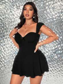 Viva Relle Plus Size Fitted Sweetheart Neck Knitted Unitard - Black - View 7