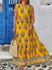 EMERY ROSE Women Plus Size Vacation Boho Country Allover Print Tie Neck Flutter Hem Sleeveless Casual Dress Spring Outfits For Women Summer Outfits For Women