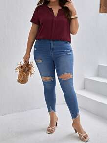 SHEIN Clasi Plus Size V-Neck Short Sleeve Shirt, Minimalist And Fashionable, Suitable For Summer - Rusty Rose - View 3