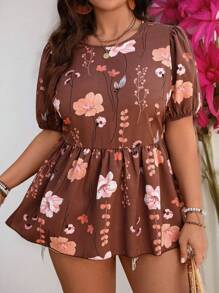 SHEIN LUNE Plus Size Women Round Neck Short Sleeve Puff Blouse, Summer - Brown - View 5