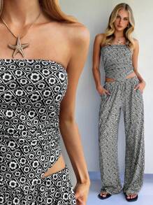 Forever 21 Holiday Boho Black And White Printed Strapless Top Casual Pants - Black and White - View 3