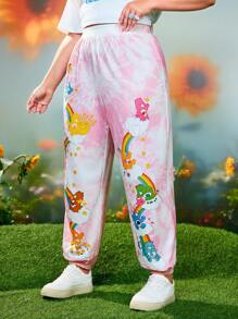 SHEIN X Care Bears Plus Size Spring/Summer Casual Fairycore Y2K Sweet Coquette Kawaii Funny Anime Street Retro Pink Funshine Bear, Tenderheart Bear, Cheer Bear, Good Luck Bear, Dreamy Heart Cloud Cartoon Printed Tie Dye Pants, For Rave, Festival Vacation - Pink - View 4