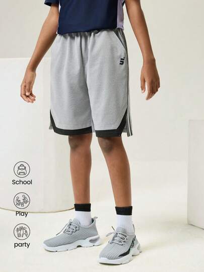 JNSQ 重返校园青少年男孩户外休闲运动短裤，儿童松紧腰拼接宽松户外休闲连帽短裤