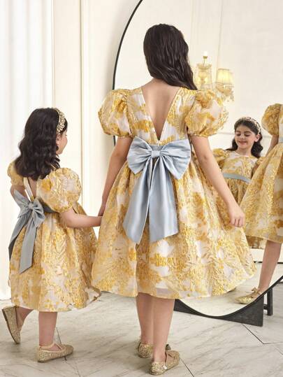 SHEIN Tween Girl Elegant V-Neck Bowknot Puff Sleeve Jacquard A-Line Dress