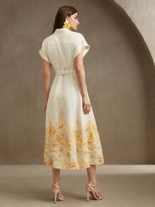 Anewsta Vestido elegante de festival para mujer, diseño de cuello con estampado floral, vestido camisa con cinturón de una sola hilera para fiestas, citas, primavera y verano