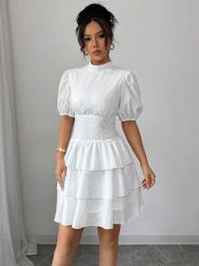 Elenzga Women Short Puff Sleeve Embroidered Collar Mini Dress - White - View 3