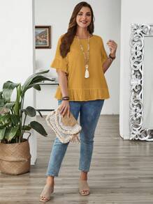 EMERY ROSE Plus Size Women Solid Color Round Neck Raglan Sleeve Ruffle Hem Casual Shirt - Yellow - View 7