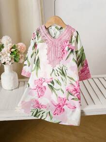 1 件装女婴 V 领长袖休闲连衣裙，简约时尚，适合夏季 - 彩色 - 查看 2