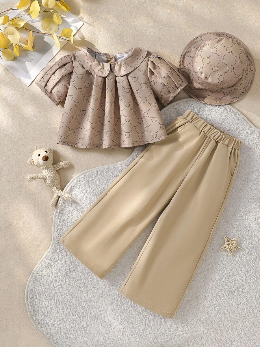SHEIN 3 件套：女童幼童熊和钻石图案衬衫 + 帽子 + 宽松直筒裤，夏季 - 卡其色 - 查看 1