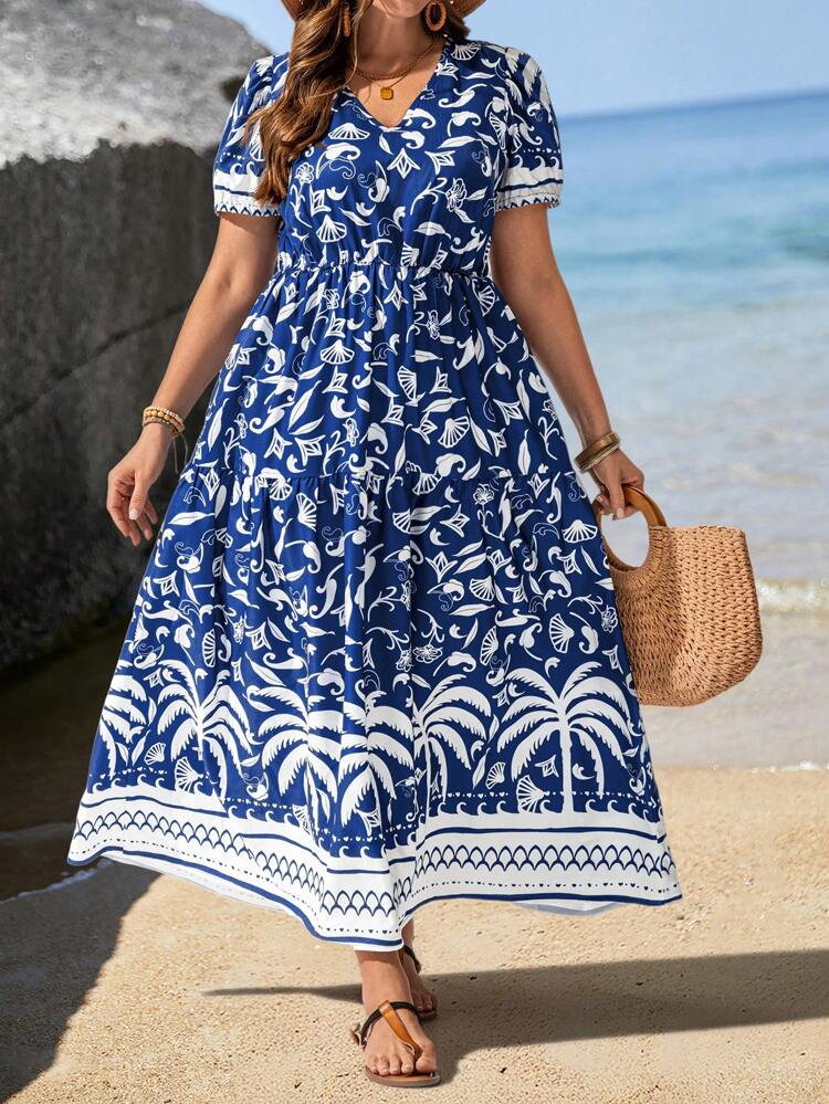 Robe ample à col V et manches courtes avec imprimé palmier, tenues d'été pour femmes, vêtements d'été, vêtements bohèmes pour femmes