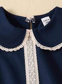 Souflis Souflis Baby Girl Sleeveless Ruffle Collar A-Line Hem Cute Navy Blue Dress, Summer